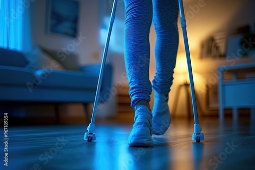 A woman walks with crutches in a dimly lit room. This image depicts the challenges of mobility and the use of assistive devices. photo