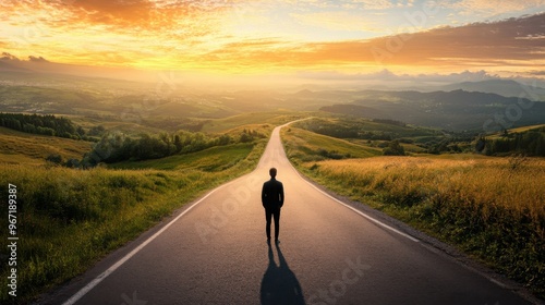 A man is walking down a long road with a beautiful sunset in the background
