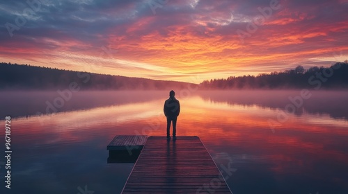 A man stands on a dock overlooking a lake at sunset