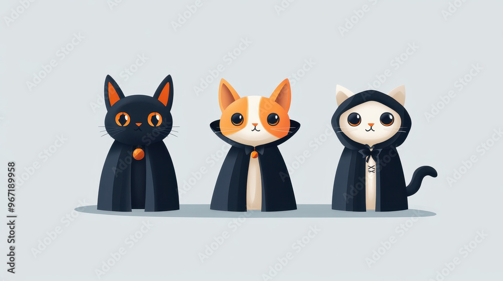 Cute animals dressed as vampires for Halloween, featuring black cat, an orange cat, and white cat in cloaks. Their playful expressions add fun touch to spooky theme Cute animals dressed as vampires for Halloween, featuring black cat, an orange cat, and white cat in cloaks. Their playful expressions add fun touch to spooky theme