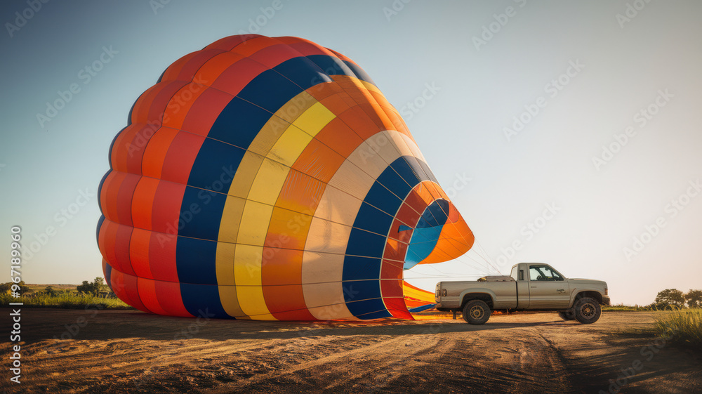 Obraz premium A photo of a colorful hot air balloon. The balloon is orange, blue, and yellow, and it is tied to a truck. The truck is parked on a dirt road. The sky is clear. The photo has a warm hue.