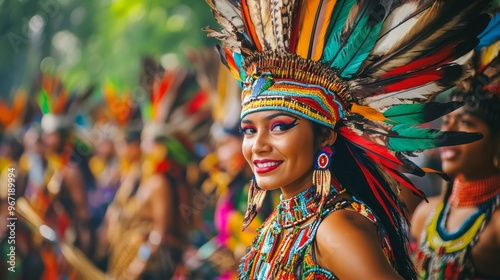 An indigenous community celebrating a cultural festival with vibrant costumes and music.