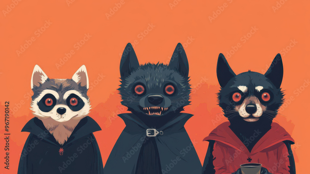 Cute animals dressed in vampire themed Halloween costumes, featuring raccoon, wolf, and cat, all with striking red eyes against an orange background Cute animals dressed in vampire themed Halloween costumes, featuring raccoon, wolf, and cat, all with striking red eyes against an orange background