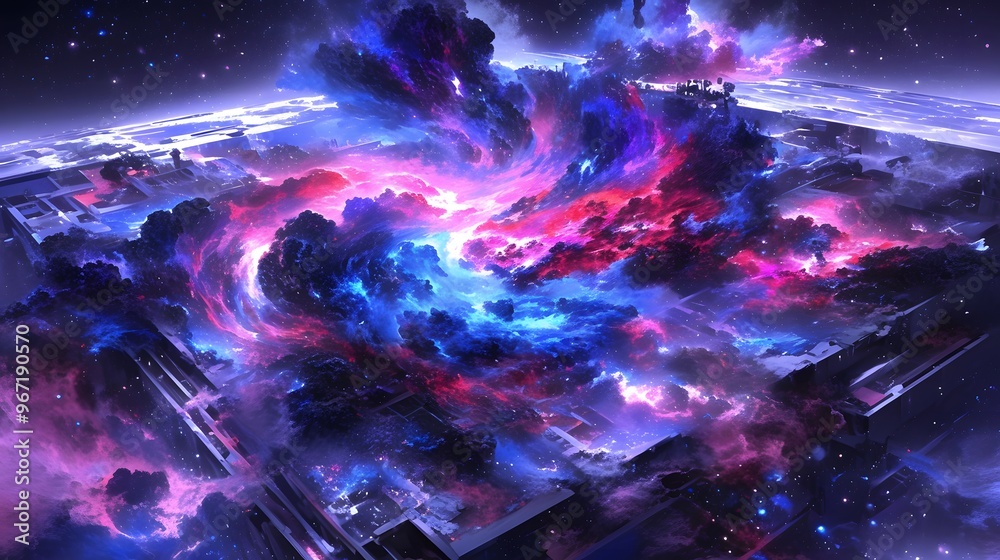 Cosmic Nebula Swirling Above a Futuristic City. Cosmic Nebula Swirling Above a Futuristic City.