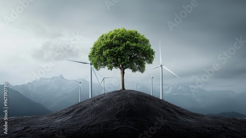 How does the imagery of wind turbines and a thriving tree illustrate the balance between energy production and ecological preservation,