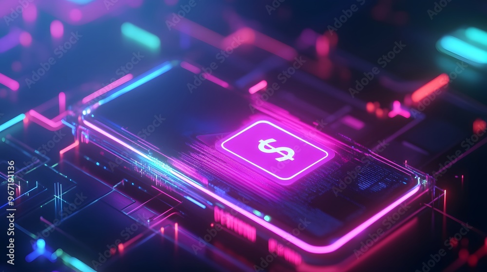Smartphone with a digital wallet interface, rotating 3D currency icons, glowing neon lines, soft gradient lighting, clean and futuristic appearance, Smartphone with a digital wallet interface, rotating 3D currency icons, glowing neon lines, soft gradient lighting, clean and futuristic appearance,