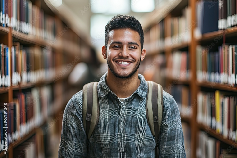 Smiling student in a library. Perfect for education, knowledge, and learning. Smiling student in a library. Perfect for education, knowledge, and learning.