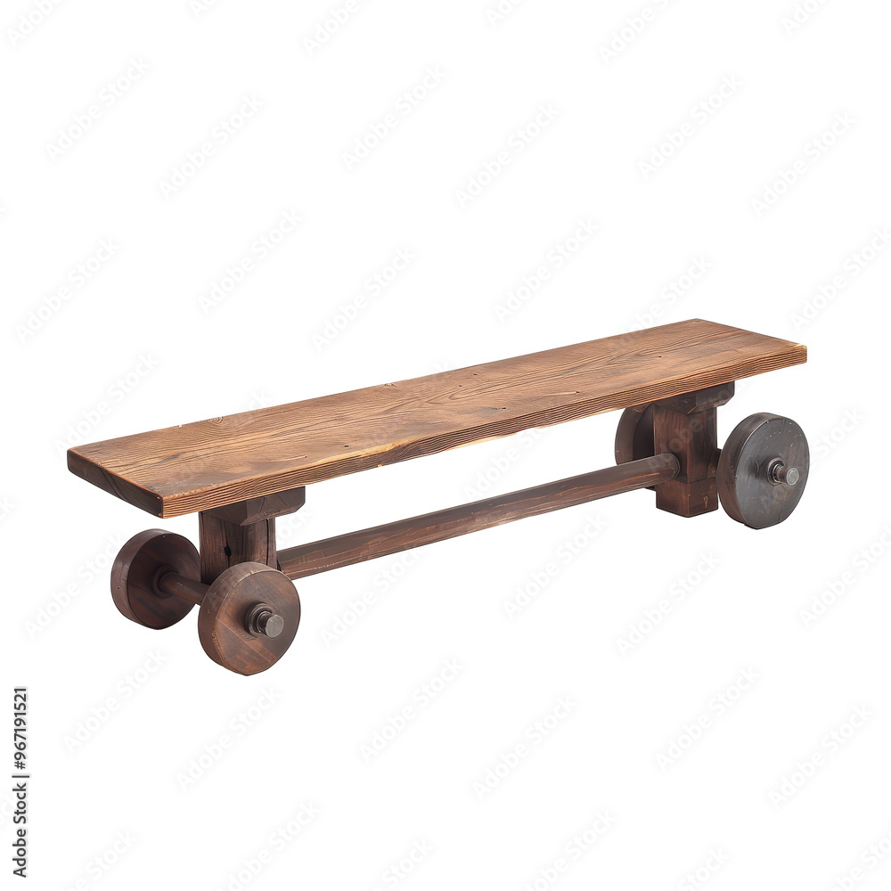 A simple wooden bench with round metal wheels designed for modern interior spaces and minimalistic decor A simple wooden bench with round metal wheels designed for modern interior spaces and minimalistic decor