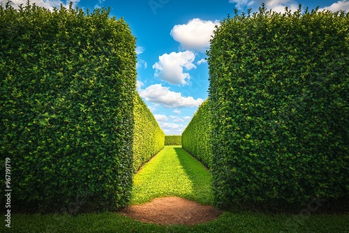 A serene green hedge pathway under a blue sky with white clouds, creating a tranquil and inviting scene in a well-kept garden.