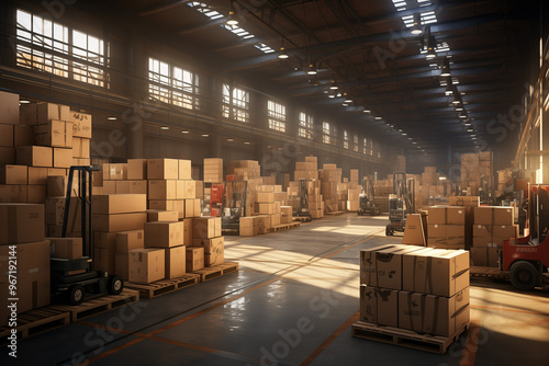 Large shipping warehouse with rows of stacked boxes, showcasing organized and efficient storage.