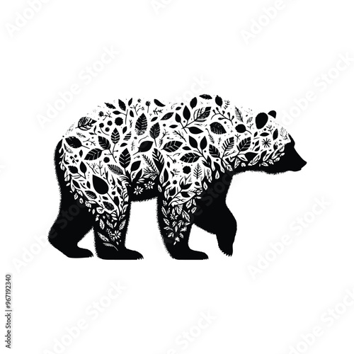 grizzly bear made by simple botanical drawing, black and white animal illustration black and white animal illustration