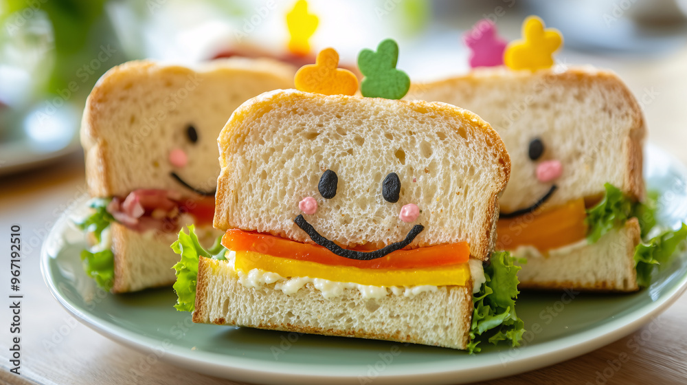 A playful sandwich with ingredients arranged in a smiley face or other fun shapes, served on a whimsical plate A playful sandwich with ingredients arranged in a smiley face or other fun shapes, served on a whimsical plate