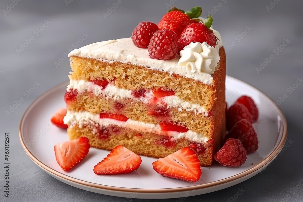 Delectable homemade strawberry sponge cake adorned with fresh berries and whipped cream on a plate Delectable homemade strawberry sponge cake adorned with fresh berries and whipped cream on a plate