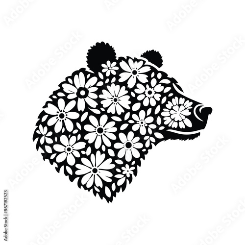 grizzly bear made by simple flower drawing, black and white animal illustration