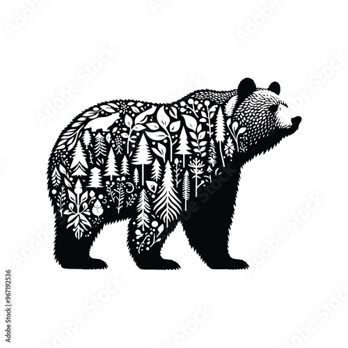 grizzly bear made by simple botanical drawing, black and white animal illustration black and white animal illustration
