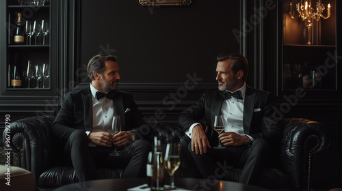 Two sophisticated gentlemen in tuxedos enjoy a refined conversation over champagne in a luxurious lounge photo