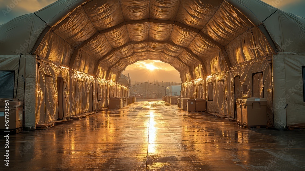A long narrow pathway leads through a large, industrial tent towards a stunning sunset. A long narrow pathway leads through a large, industrial tent towards a stunning sunset.