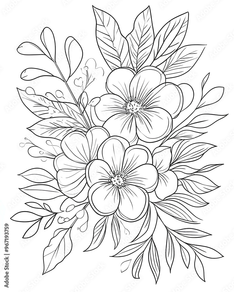 coloring page with a burst of flowers and leaves 