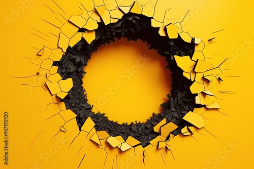 Big black hole in yellow wall background breakthrough concept
