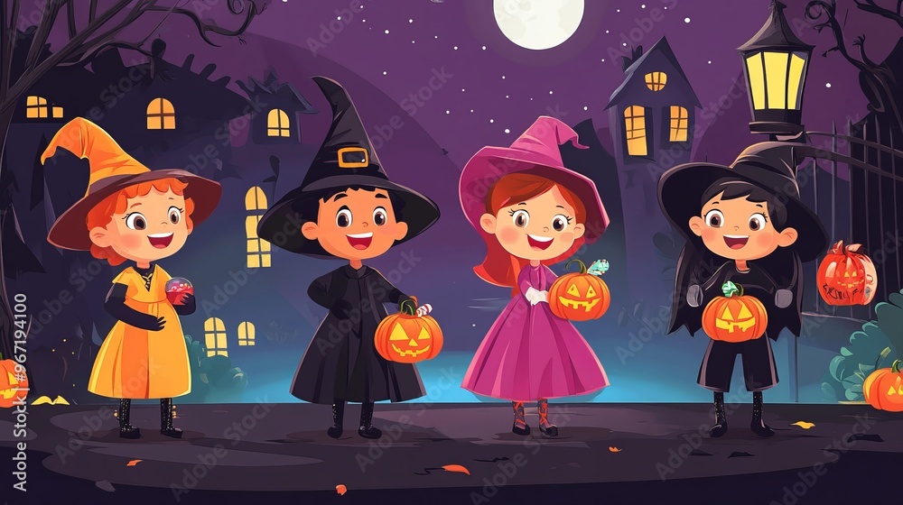 Cartoon kids dressed in Halloween costumes, trick-or-treating at night with bright smiles and candy bags Cartoon kids dressed in Halloween costumes, trick-or-treating at night with bright smiles and candy bags