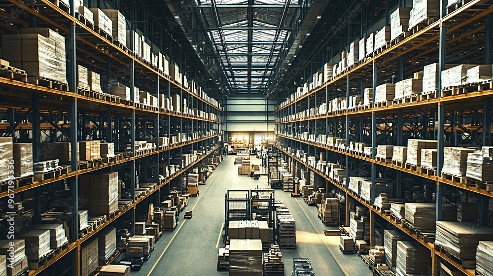 Cardboard boxes are stacked on pallets and shelves inside a large distribution warehouse, ready to be shipped to consumers. Forklifts move between the aisles