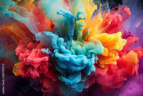 A vibrant explosion of colorful burst smoke, swirling and dancing in the air, creating a mesmerizing display of hues and patterns 