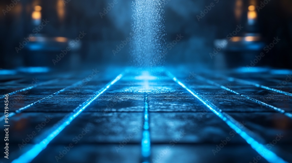 Abstract view of water jets removing dirt from floor tiles, with bright, futuristic holographic effects highlighting the transformation from dirty to pristine, in a 3D-rendered style Abstract view of water jets removing dirt from floor tiles, with bright, futuristic holographic effects highlighting the transformation from dirty to pristine, in a 3D-rendered style