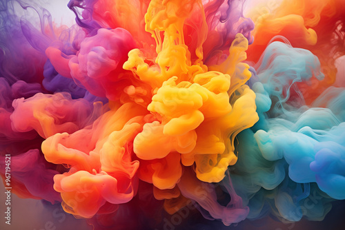 A vibrant explosion of colorful burst smoke, swirling and dancing in the air, creating a mesmerizing display of hues and patterns 