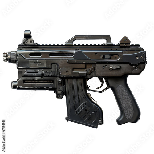 A detailed view of a modern submachine gun lying on a neutral background with lighting highlighting its features and design elements