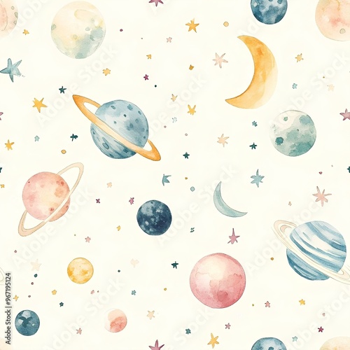 watercolor pattern with planets and stars