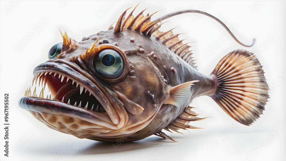 Scary angler fish on white background, angler fish, deep sea, predator, monster, scary, ocean, marine life