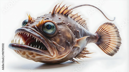 Scary angler fish on white background, angler fish, deep sea, predator, monster, scary, ocean, marine life