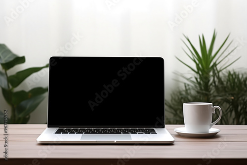 A modern office computer table featuring a blank laptop screen mockup, template for your text, perfect for design presentations.