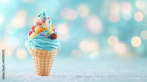 A blue ice cream cone with various fruit toppings against a bokeh background.