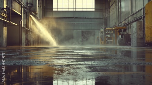 Cleaning a warehouse floor, water streams ricochet off surfaces, dirt and dust vanish, creating a sharp contrast, minimalistic industrial setting