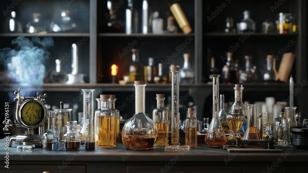 Glassware Filled with Golden Liquid on a Dark Wooden Countertop Glassware Filled with Golden Liquid on a Dark Wooden Countertop