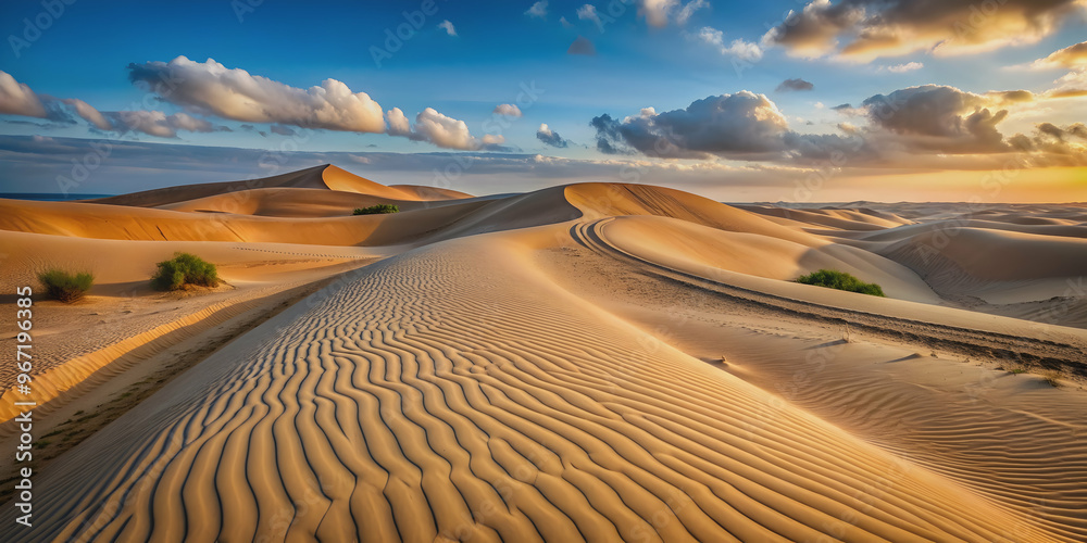 Naklejka premium Sandy track winding through undulating dunes, sand, track, winding, dunes, desert, landscape, nature, outdoors, adventure