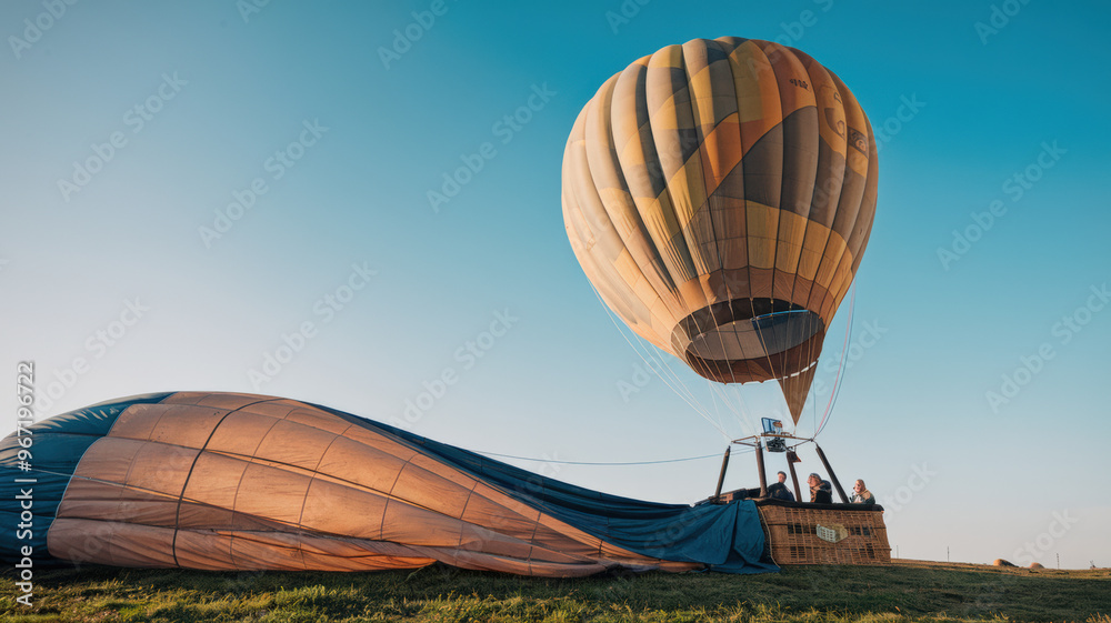 Obraz premium A photo of a hot air balloon with the trail of the balloon and the basket. The balloon is against the clear blue sky. The basket is on the ground, with some objects inside.