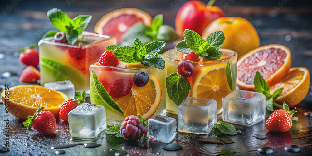 Fresh and healthy juice in ice cube, flavored with fruit and garnished with leaves, fresh, healthy, juice, ice cube, fruit Fresh and healthy juice in ice cube, flavored with fruit and garnished with leaves, fresh, healthy, juice, ice cube, fruit