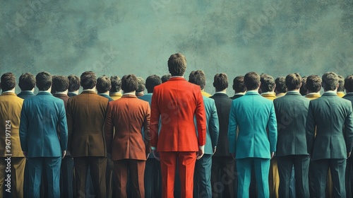 A man in a red suit standing out from a crowd of men in suits photo