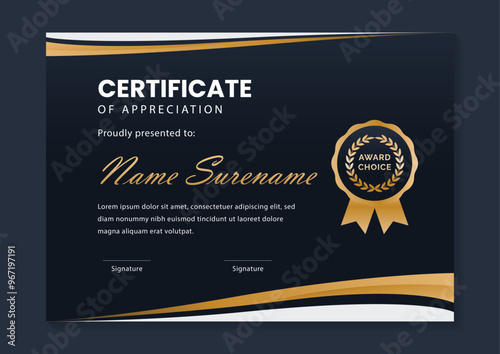 modern dark blue and gold certificate template with award badge