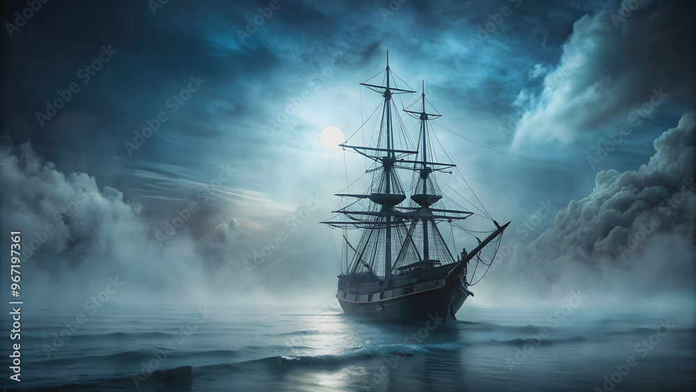 A spooky ghost ship sailing through foggy waters , haunted, abandoned, eerie, mysterious, paranormal, supernatural, ocean A spooky ghost ship sailing through foggy waters , haunted, abandoned, eerie, mysterious, paranormal, supernatural, ocean