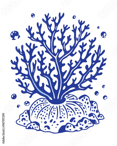 Illustration of a blue sea coral specimen,  with intricate branches and a rocky base.