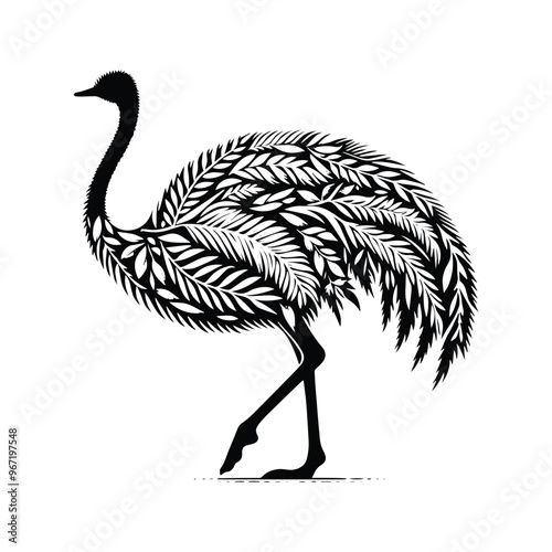 Ostrich bird made by simple botanical drawing, black and white animal illustration photo