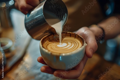 Latte Art Being Poured into a Coffee Cup photo