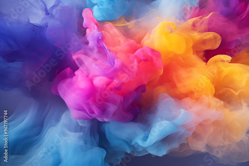 A vibrant explosion of colorful burst smoke, swirling and dancing in the air, creating a mesmerizing display of hues and patterns 