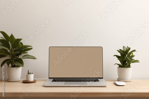A modern office computer table featuring a blank laptop screen mockup, template for your text, perfect for design presentations.