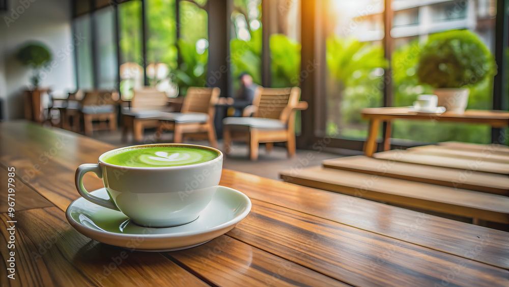 Hot matcha tea in a cup on a wooden table in a cafe, matcha, tea, hot, drink, cafe, beverage, green, ceramic, Japanese Hot matcha tea in a cup on a wooden table in a cafe, matcha, tea, hot, drink, cafe, beverage, green, ceramic, Japanese