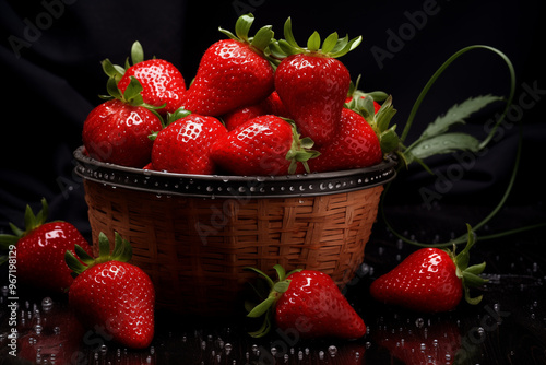 A basket of fresh strawberries on a table, with a dark background and water drops glistening on the surface.