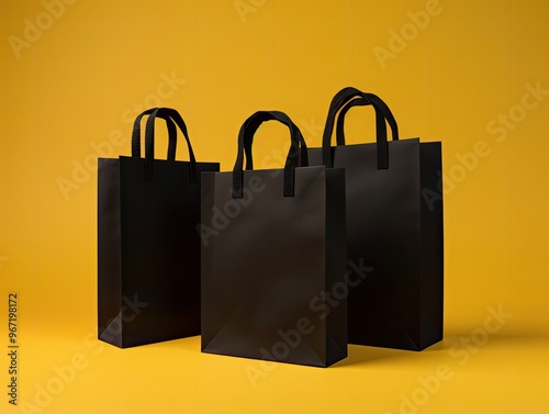 Black paper shopping bags on yellow studio background